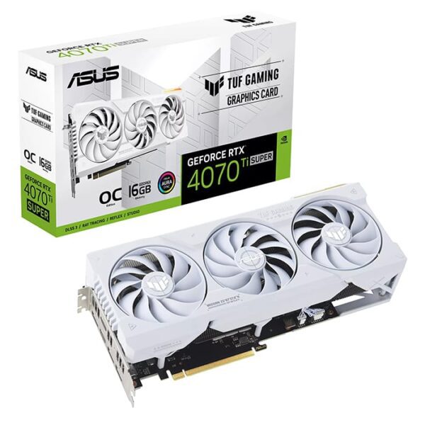 ASUS TUF Gaming GeForce RTX™ 4070 Ti SUPER BTF White OC Edition 16GB GDDR6X with DLSS3, innovative PCIe high-power connector, and enhanced durability.